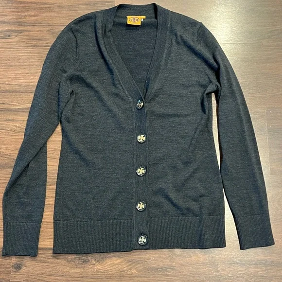 Tory Burch Grey Simone Wool Cardigan Sweater - Picture 1 of 5